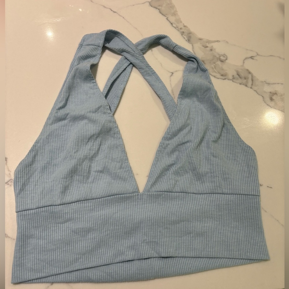 Blue crop top criss-cross straps